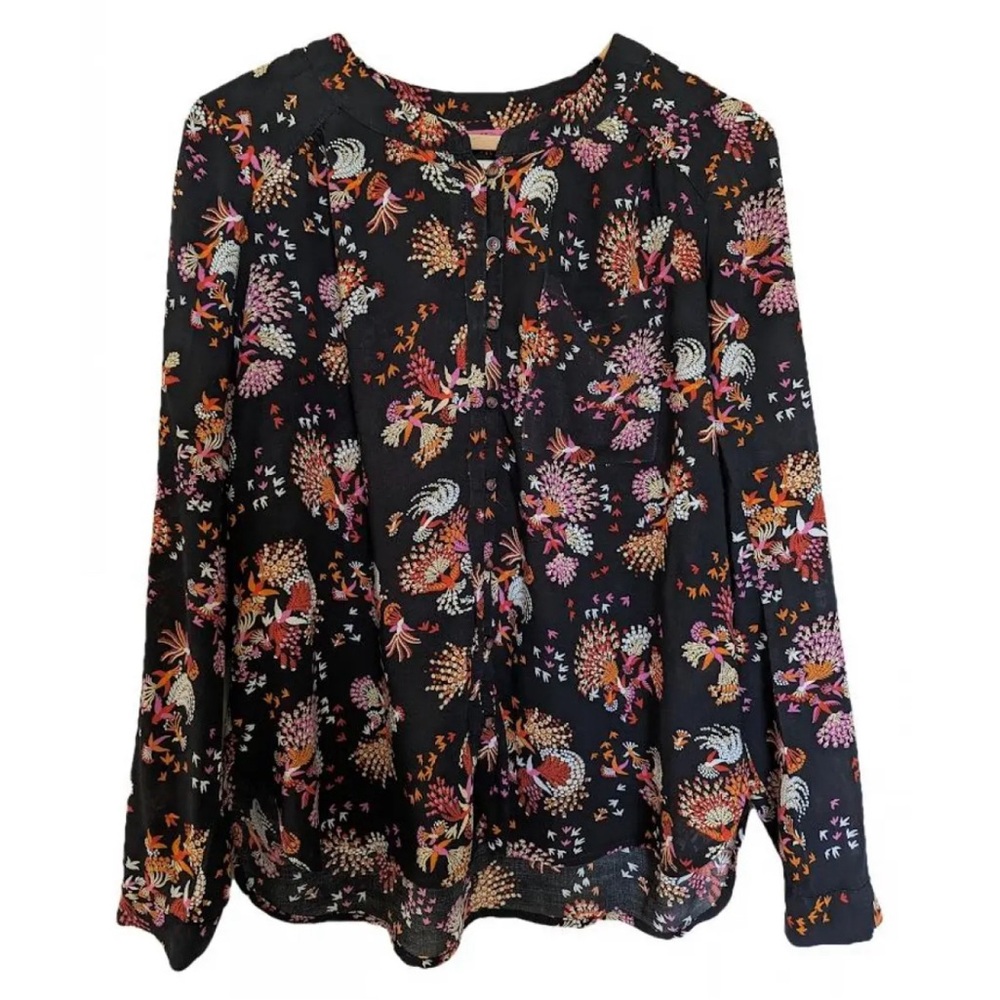 52 Conversations Anthropologie Black Keyhole Neck Floral Pattern Buttondown Sz 6